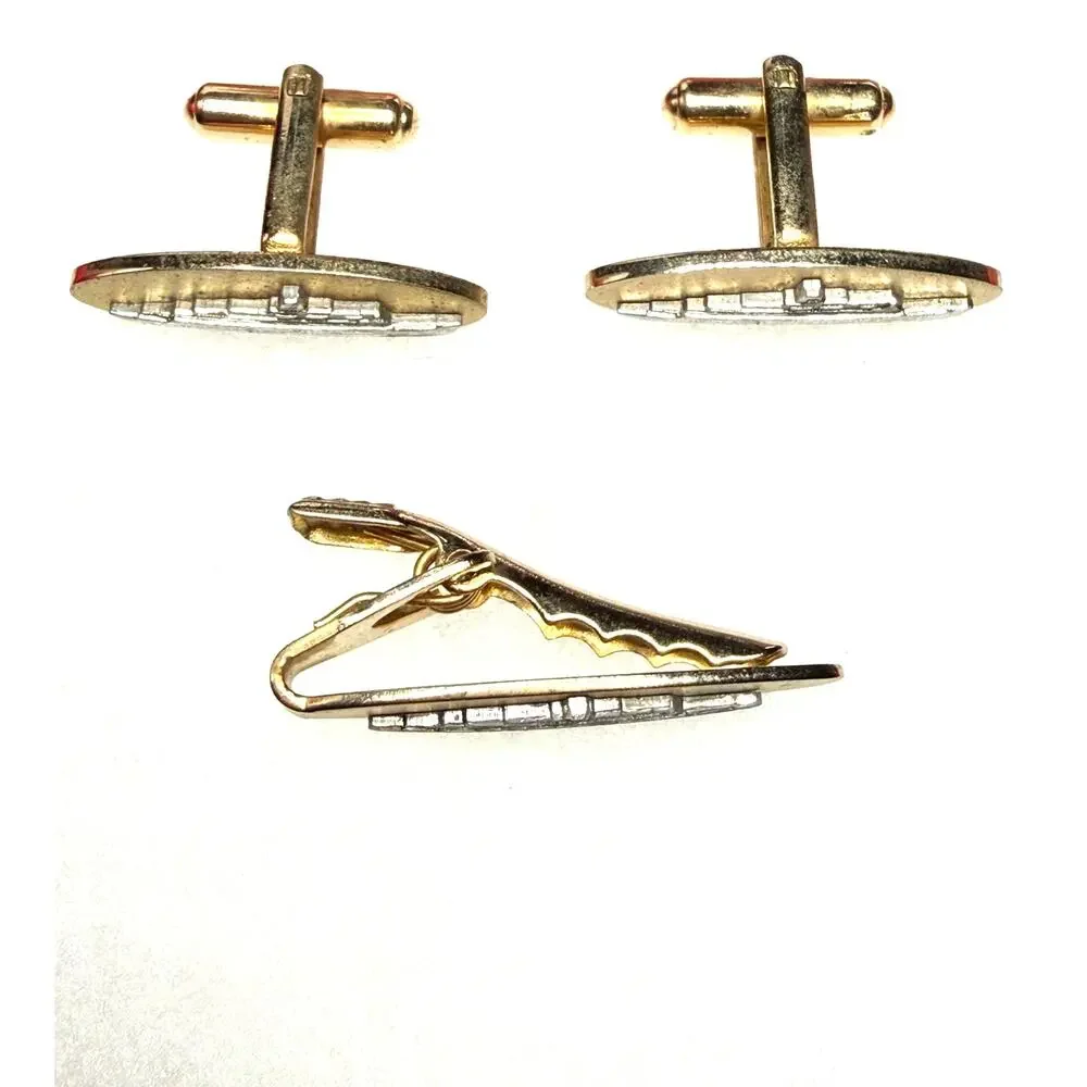 Brushed Gold Plated Brass Battleship Tie Tack and Cuff Links Set